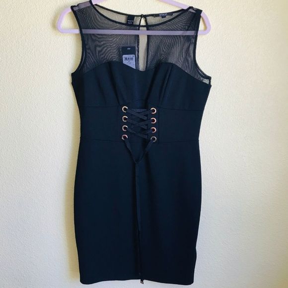 Guess Black Rosita Lace Up Bodycon Mesh Cocktail Dress - Picture 2 of 7